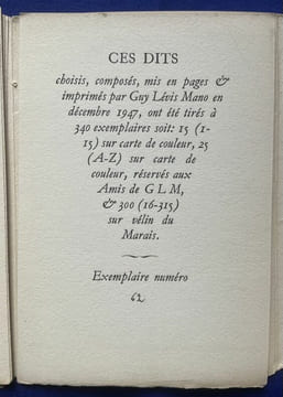 Dits de : L'Ecclésiaste, A. Guillen, R. Lannes, Nietzsche, Plaute, M. Sarfatti, Shakespeare, R. Tagore, P. Valéry.. Guy LEVIS-MANO. 
