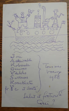 Ensemble de trois documents. Dessins. Autographes. - Un feuillet autographe signée avec dessin, adressée à Anatole Jakovsky, acrostiche à partir du ...
