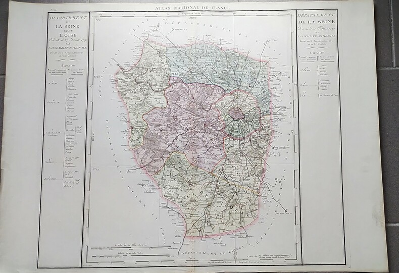 Carte du département de La Seine et de L'oise Décrété le 27 janvier 1790 par l'Assemblée Nationale, divisé en 5 arrondissements et en  36  Cantons. ...