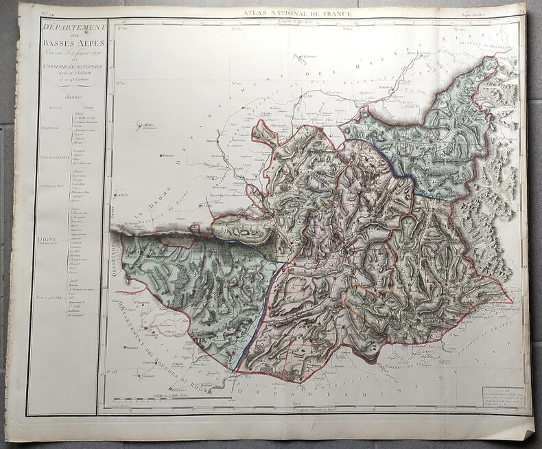 Carte du département des Basses Alpes Décrété le 7 février 1790 par l'Assemblée Nationale, divisé en 5 districts et en  45  Cantons. Dumez ...