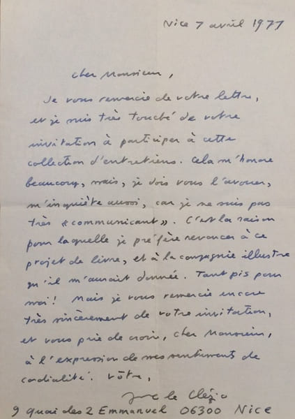 L.A.S. Nice 7 avril 1977. 1p. in-8. . LE CLEZIO Jean-Marie Gustave 