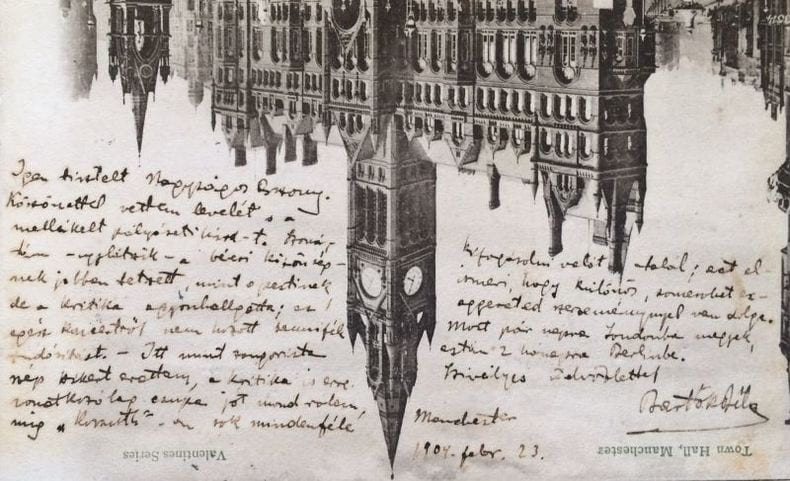 C.P.A.S. adress&eacute;e &agrave; Roza Zsgimond Gardony. Manchester, 23 f&eacute;vrier 1904. En hongrois. Adresse au verso.. BARTOK B&eacute;la 