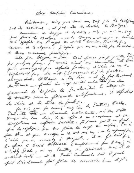 L.A.S. adress&eacute;e &agrave; Antoine Casanova. Versailles, [ao&ucirc;t 1971]. 1 page et demie in-4, avec enveloppe.. GENET Jean 