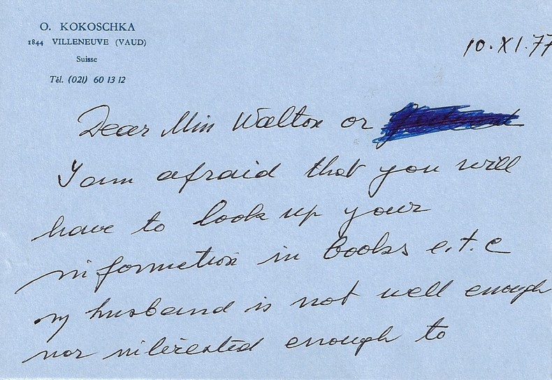 Carte signée au bas d’une lettre rédigée par sa femme. Villeneuve, 10 novembre 1977. 2 p. in-16 oblong. En-tête à ses nom et adresse (1844 Villeneuve ...