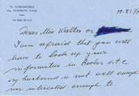 Carte signée au bas d’une lettre rédigée par sa femme. Villeneuve, 10 novembre 1977. 2 p. in-16 oblong. En-tête à ses nom et adresse (1844 Villeneuve (Vaud) Suisse). En anglais.
