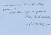 Carte signée au bas d’une lettre rédigée par sa femme. Villeneuve, 10 novembre 1977. 2 p. in-16 oblong. En-tête à ses nom et adresse (1844 Villeneuve (Vaud) Suisse). En anglais.