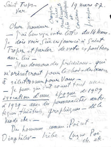 L.A.S. Saint-Tropez, 19 mars 1957. 2 p. in-4.