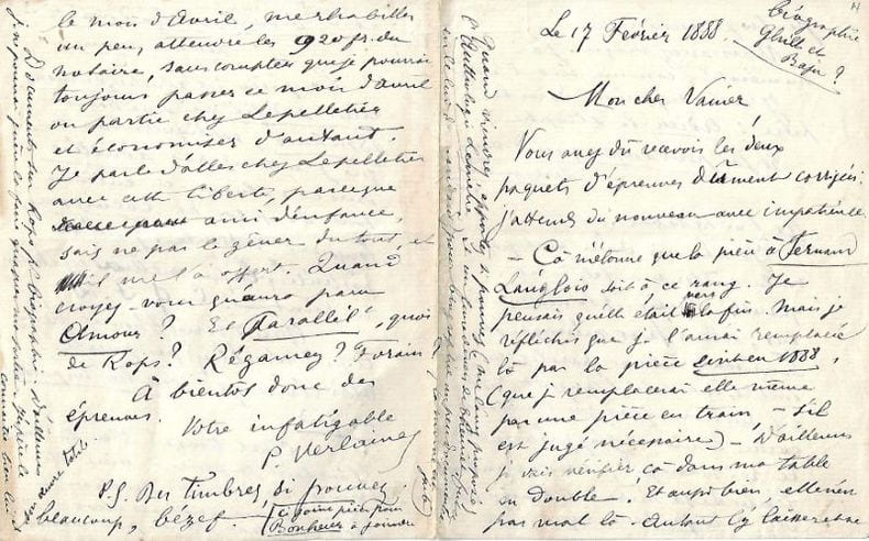 L.A.S. adress&eacute;e &agrave; L&eacute;on Vanier. 17 f&eacute;vrier 1888. 4 pages in-12.. VERLAINE Paul 