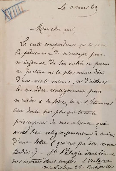 Lettre autographe sign&eacute;e adress&eacute;e &agrave; Edmond Lepelletier. Paris, 11 mars 1869. 1 page in-12.. VERLAINE Paul 