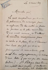 Lettre autographe signée adressée à Edmond Lepelletier. Paris, 11 mars 1869. 1 page in-12.