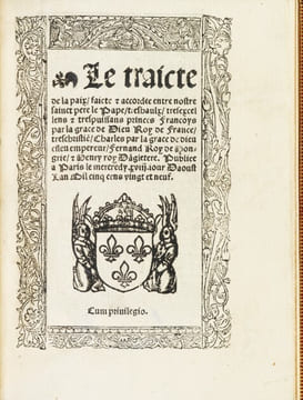 Paris, J. Niverd, 1529.
In-4 de (4) ff. à 20 l. ; maroquin rouge, plats ornés de la dentelle au Pélican, dos à nerfs orné d’un décor à la ...
