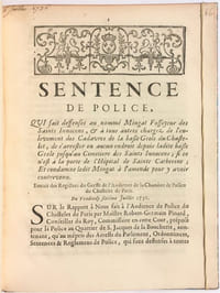 Sentence de police, qui fait deffenses au nommé Mingat Fossoyeur des Saints Innocens [...] de s'arrester en aucun endroit depuis ladite basse geole jusqu'au cimetiere des Saints Innocens...