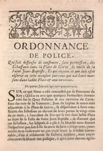 Ordonnance de police, qui fait deffenses de construire, sans permission, des echaffaux dans la Place de Grêve, la veille de la Saint Jean-Baptiste...