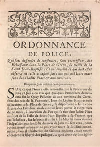 Ordonnance de police, qui fait deffenses de construire, sans permission, des echaffaux dans la Place de Grêve, la veille de la Saint Jean-Baptiste...