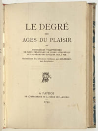 Réunion de 4 ouvrages érotiques : Vingt ans de la vie d'une jolie femme ou Mémoires de Julia R... ; Vingt ans de la vie d'un jeune homme ; L'Arétin français, par un membre de l'Académie des dames ;  Le Degré des âges du plaisir ou Jouissances voluptueuses de deux personnes de sexes différents aux différentes époques de la vie
