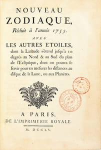 Nouveau zodiaque, réduit à l’année 1755. Avec les autres étoiles, dont la Latitude s’étend jusqu’à 10 degrés au Nord & au Sud du plan de l’écliptique, dont on pourra se servir pour en mesurer les distances au disque de la Lune, ou aux Planètes.